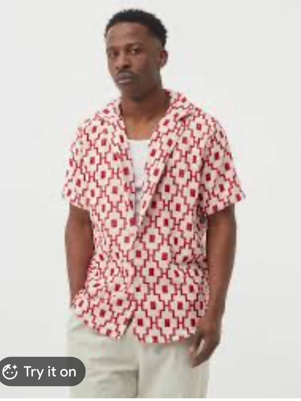 OAS Machu Terry Cotton Red & White Geometric Button Up Luxury Shirt, XL